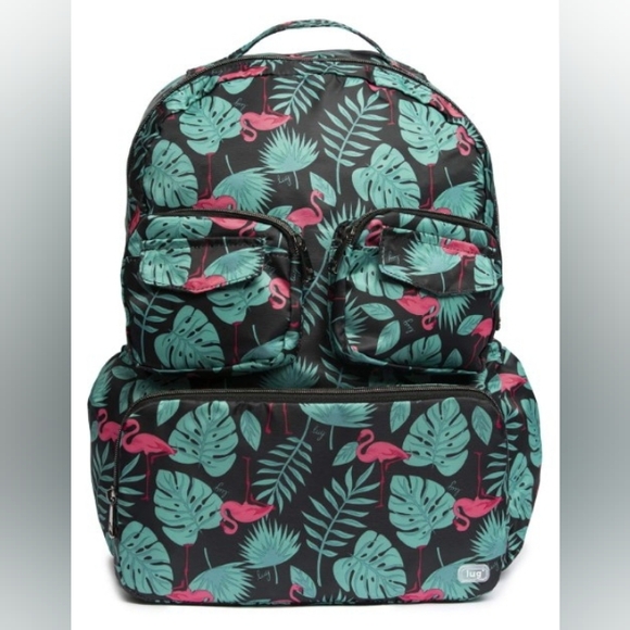 lug Handbags - Lug Puddle Jumper Flamingo Palm Print Packable Backpack Multipurpose Travel